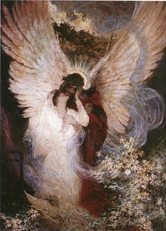 A painting of a couple kissing, one with angel wings.