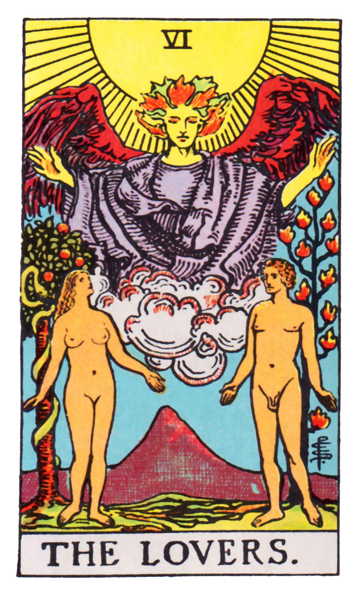 The Lovers Tarot Card. A male and a female with angel above.