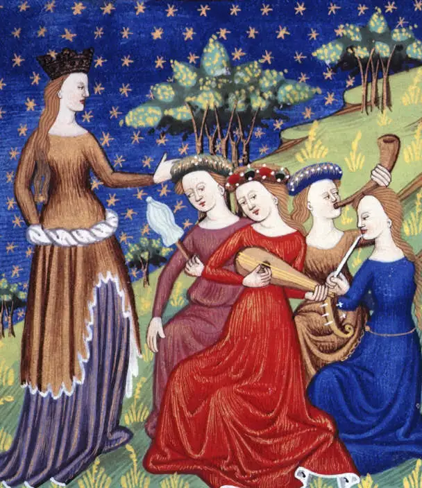 A medieval woman leading a group of female musicians.
