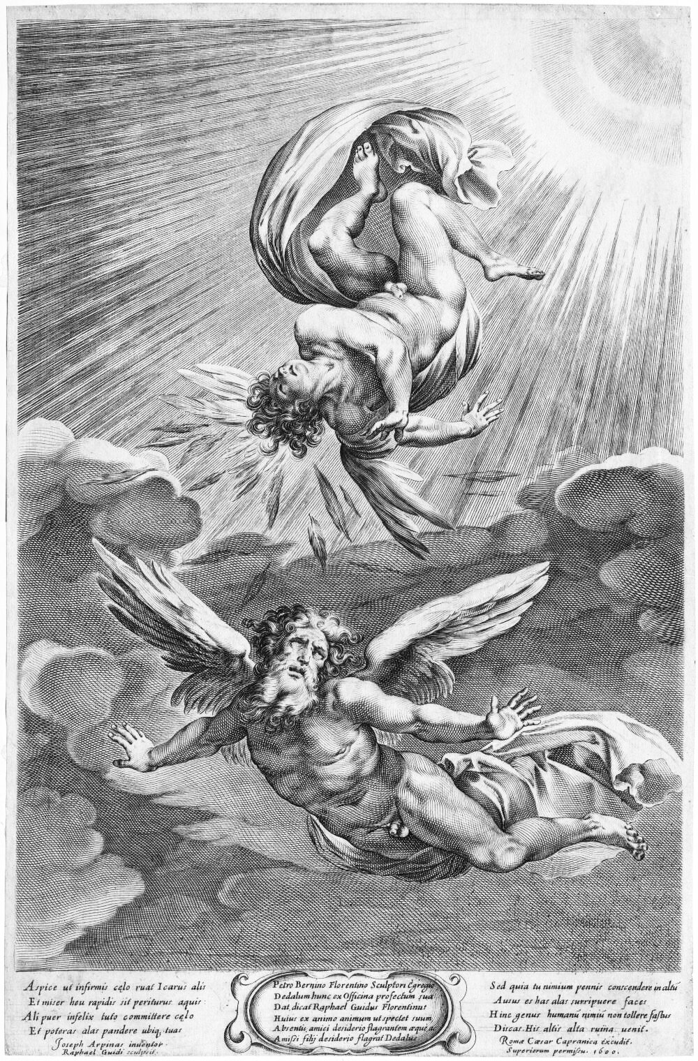 Icarus falling while Daedalus reaches out with open hands.